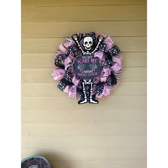 Halloween Breast Cancer Awareness Wreath – Skeleton “You Can’t Scare Me” Decor - Picture 9 of 10